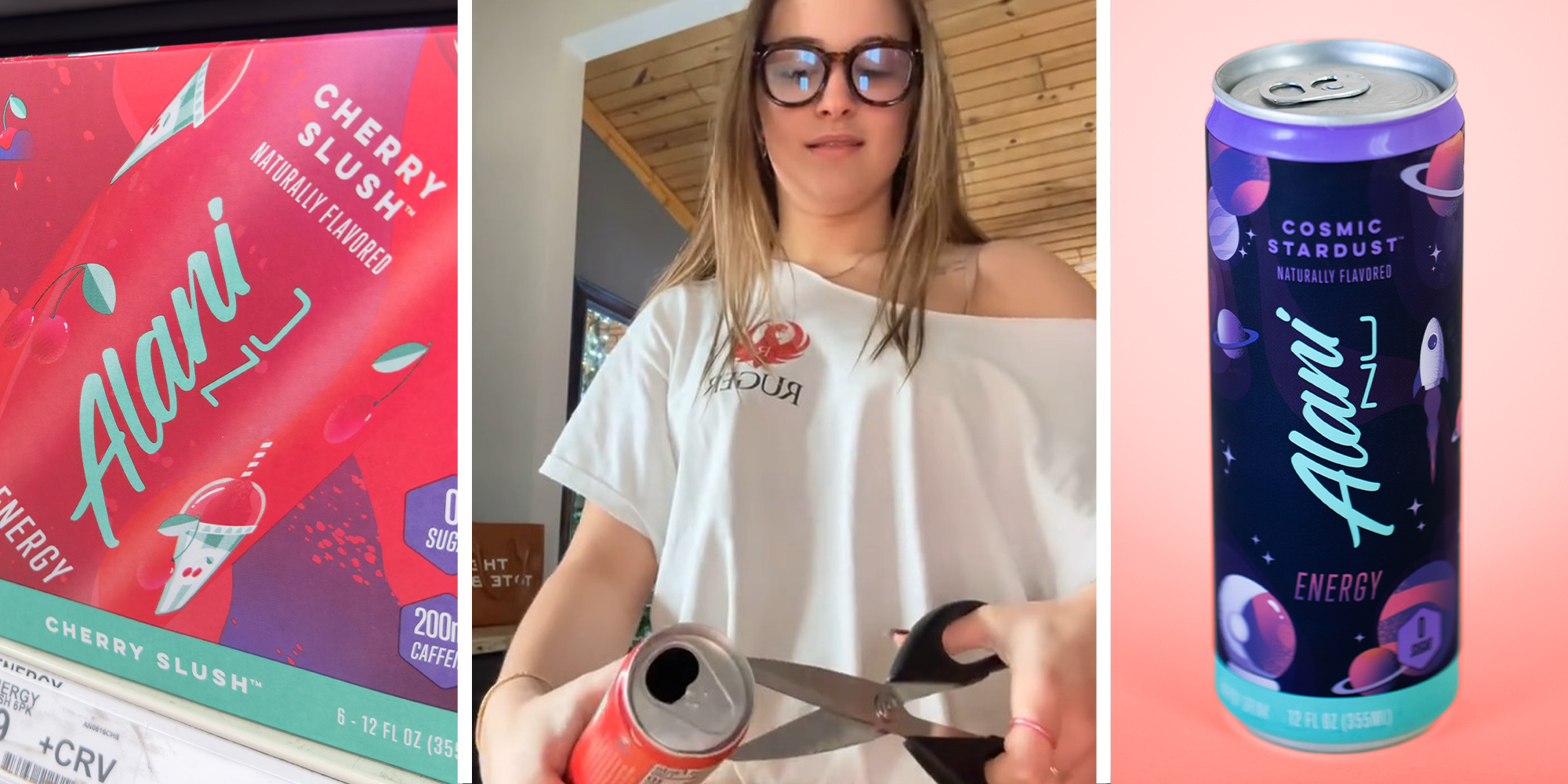 Alani box(l) Woman cuts Alani Can(c) Alani Drink(r)