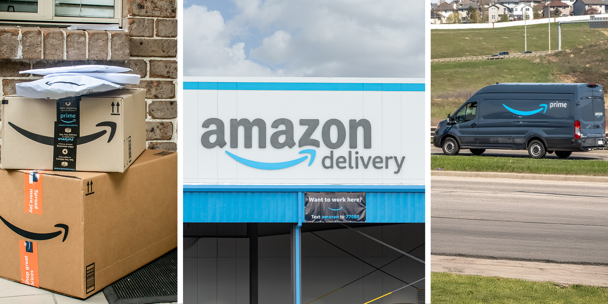 Amazon packages delivered at home(l) Amazon Delivery Building Sign(c) Amazon Van(r)