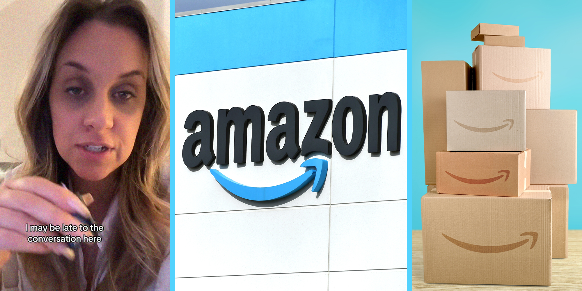 woman shares amazon product(l) Amazon Store Logo (c) Amazon Boxes(r)