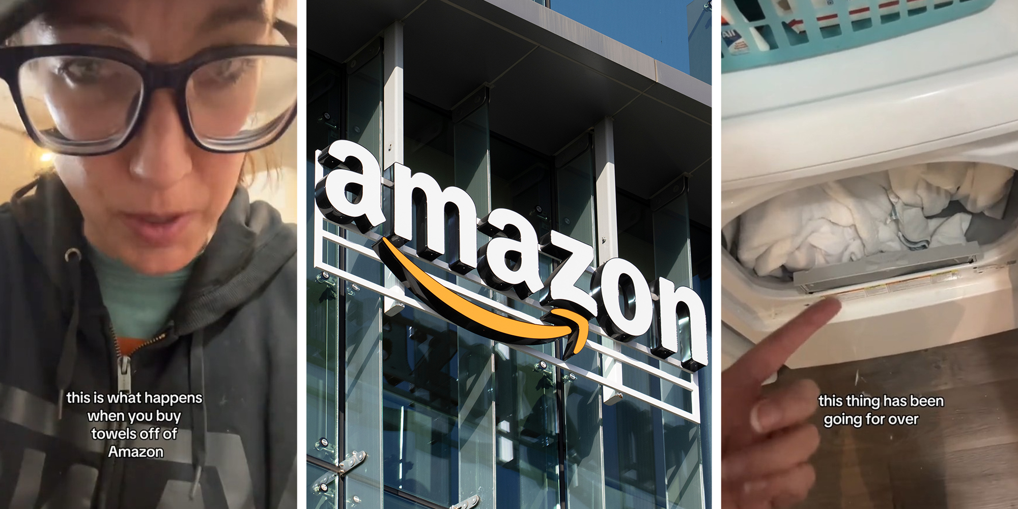 woman shares purchase of towels(l) Amazon Building logo(c) Towels inside washing machine(r)