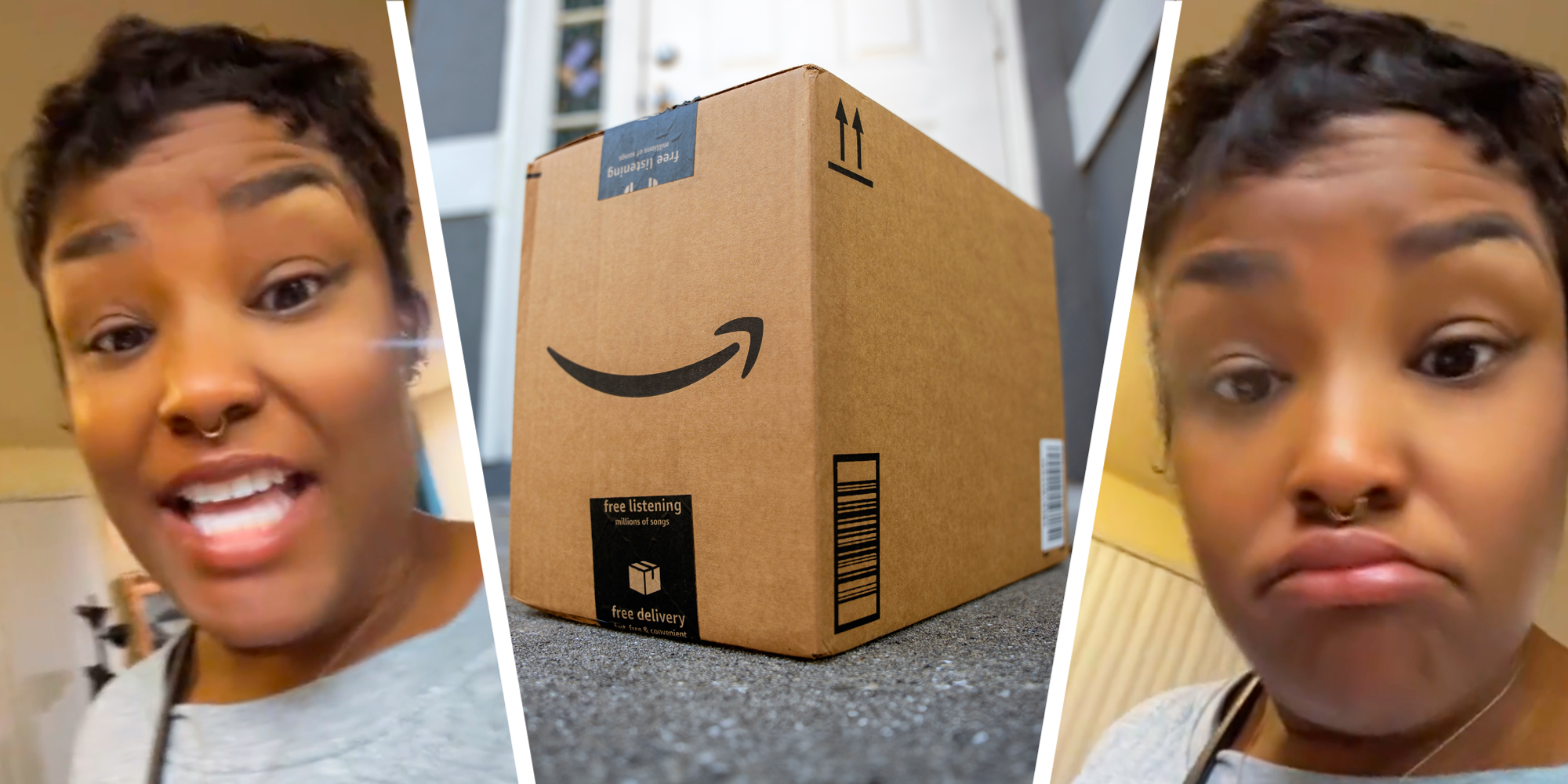 3-panel image of a person explaining and an amazon package in the middle.