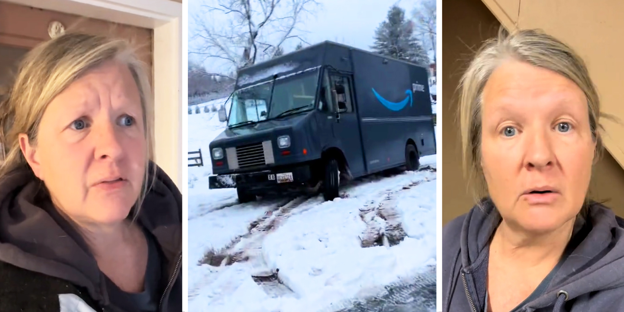 3 panel image: on the sides a person explains. In the middle is an Amazon delivery truck in the snow.