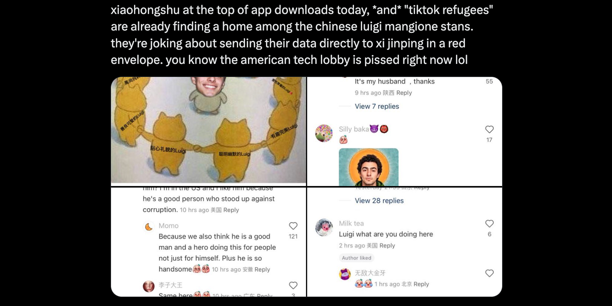 Post with text "xiaohongshu at the top of app downloads today, and "tiktok refugees" are already finding a home among the chinese luigi mangione stands. they're joking about sending their data directly to xi jinping in a red envelope. you know the american tech lobby is pissed right now lol. and posts