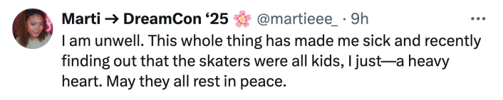 Reaction to Angela Yang and Sean Kay's final performance before the plane crash. Text reads, "I am unwell. This whole thing has made me sick and recently finding out that the skaters were all kids, I just—a heavy heart. May they all rest in peace."