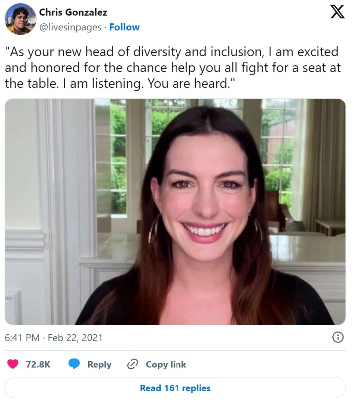 "As your new head of diversity and inclusion, I am excited and honored for the chance help you all fight for a seat at the table. I am listening. You are heard." anne hathaway zoom meme