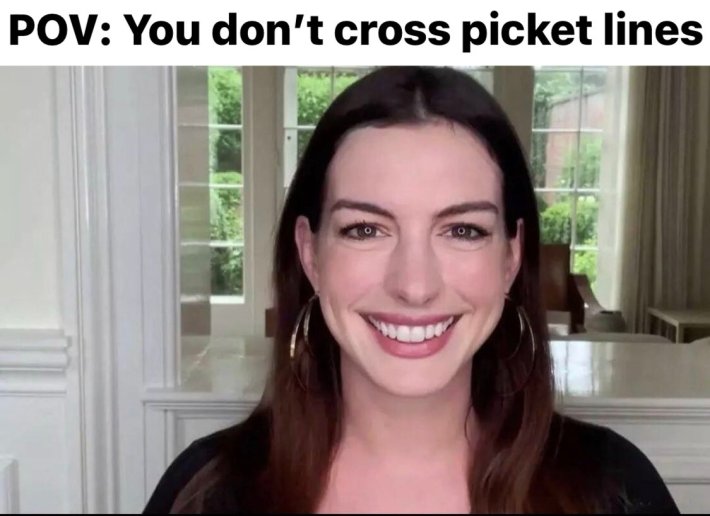 "pov: you don't cross picket lines" anne hathaway zoom meme