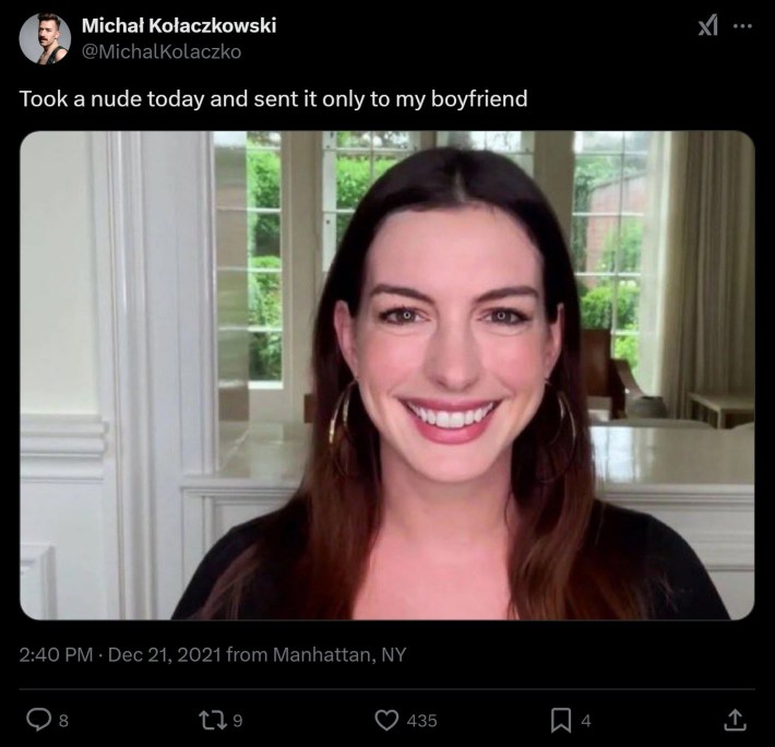 "Took a nude today and sent it only to my boyfriend" anne hathaway zoom meme