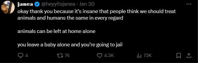 Screenshot of an X post from discussion about are dogs the same as babies