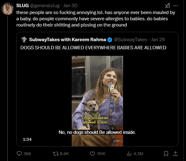 Screenshot of an X post from discussion about are dogs the same as babies