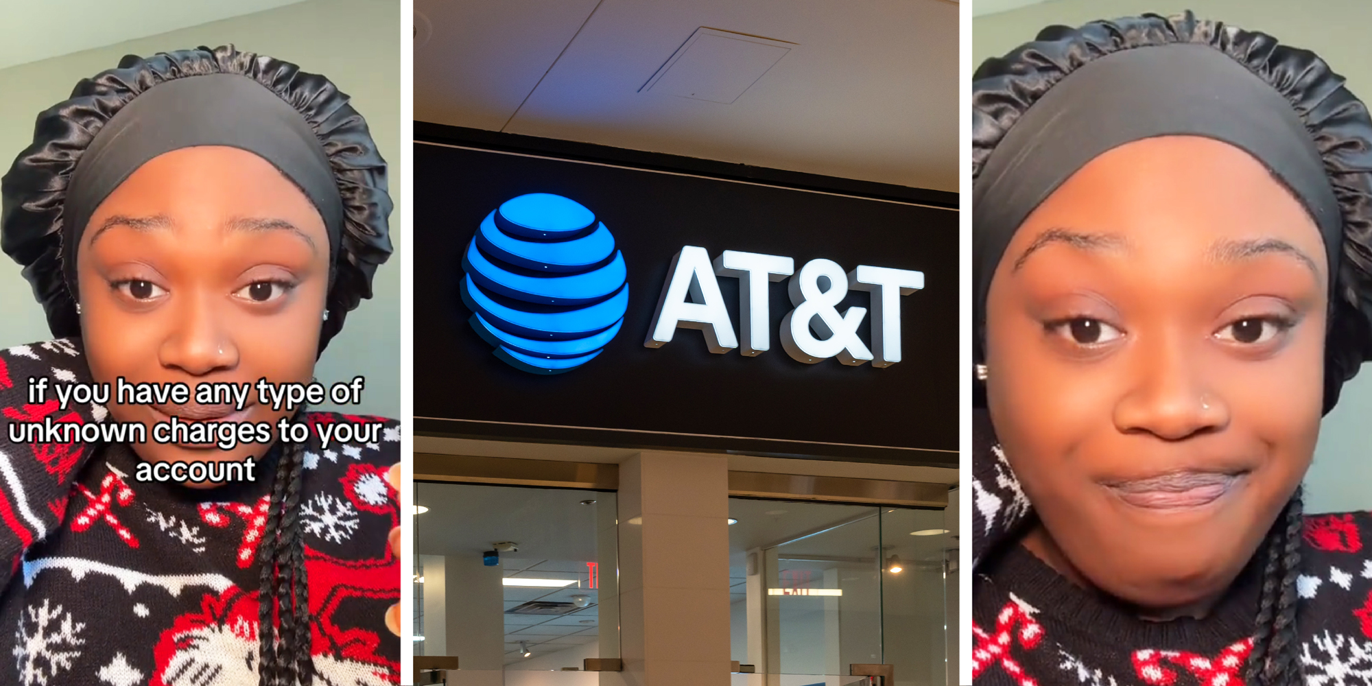 3-panel image. On the sides a person explains. In the middle is the exterior of an AT&T Store.