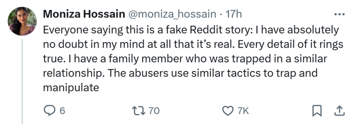 Tweet about the autistic boyfriend's safe food being "ruined." They write, "Everyone saying this is a fake Reddit story: I have absolutely no doubt in my mind at all that it’s real. Every detail of it rings true. I have a family member who was trapped in a similar relationship. The abusers use similar tactics to trap and manipulate"