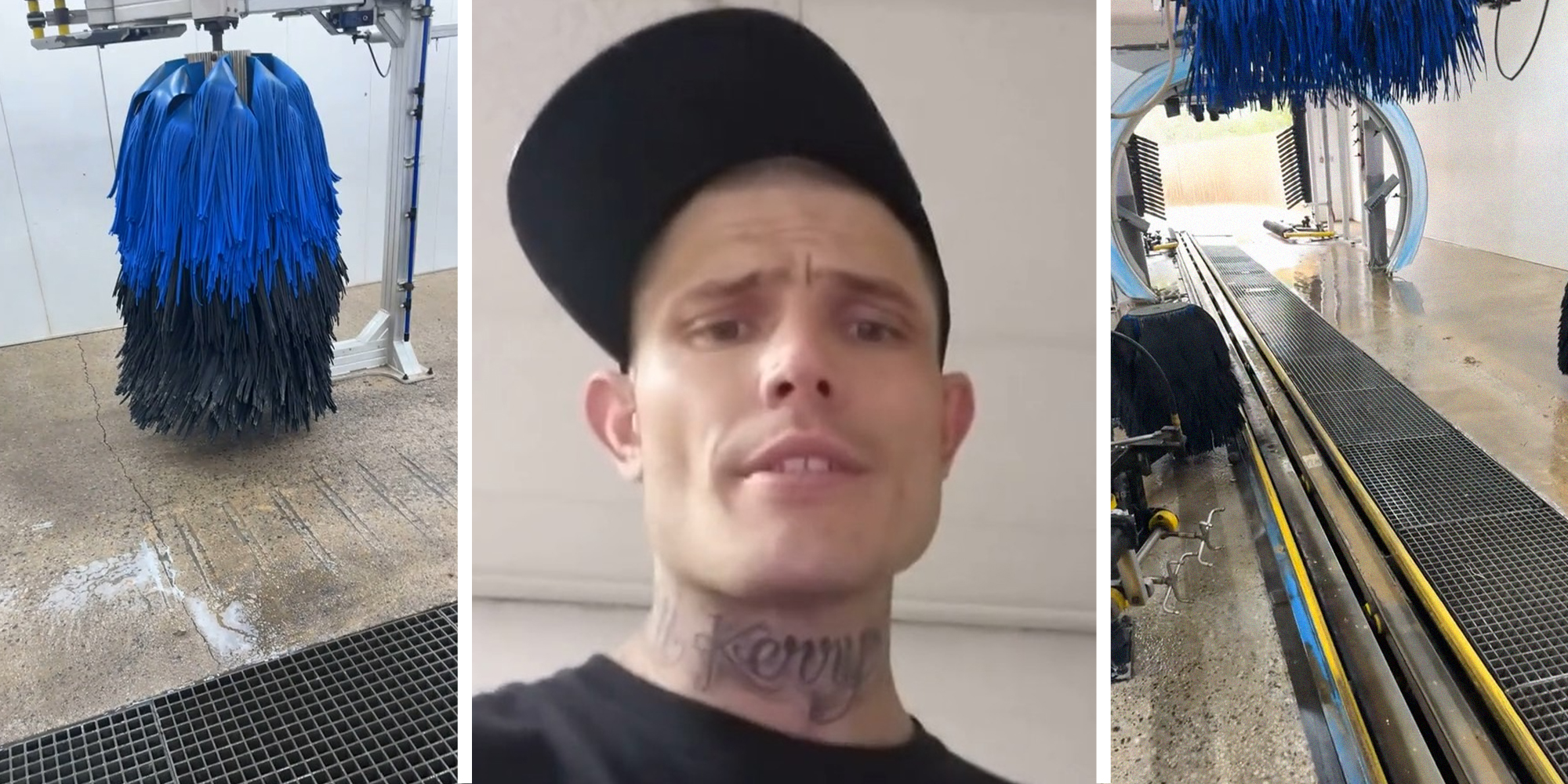 Car Wash Brush Machine(l) Man wearing hat(c) Car Wash(r)