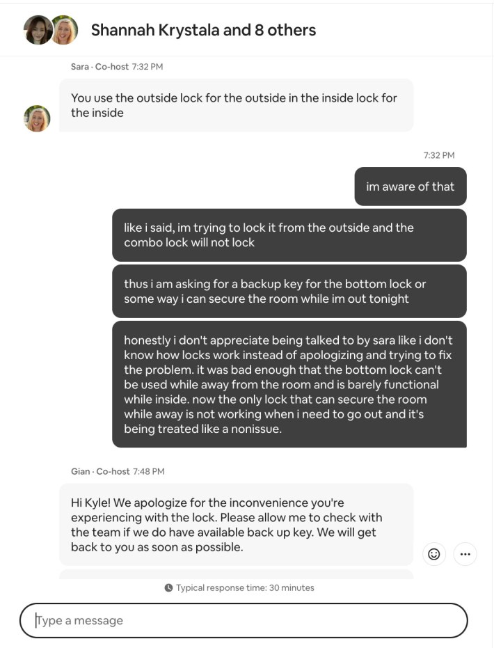Screenshot of a conversation with the Airbnb hosts, with OP requesting a backup key to secure his room for the rest of his stay, while the co-hosts ask him how he was trying to lock the door.