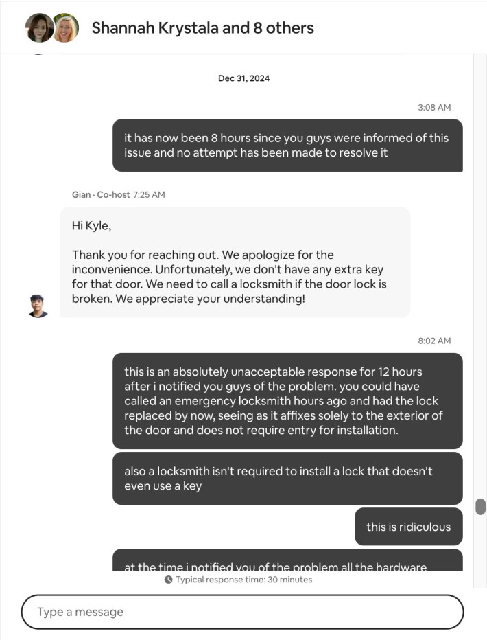 Screenshot of a conversation with the Airbnb hosts, with the co-hosts telling him there is no way to lock the door. He tells them this is unacceptable behavior for an airbnb host.