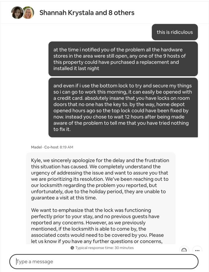 Screenshot of a conversation with the Airbnb hosts.