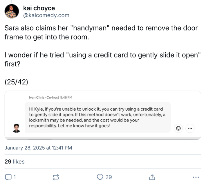 BlueSky post about a terrible Airbnb experience. Text reads, "Sara also claims her "handyman" needed to remove the door frame to get into the room. I wonder if he tried "using a credit card to gently slide it open" first?" with the screenshot of co-host Ivan telling him to do just that.