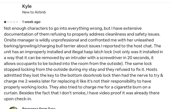1 star Airbnb review of everything that was wrong with Kyle's stay at the Airbnb.