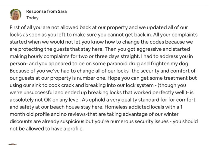 Screenshot of co-host Sara's response to Kyle's one-star Airbnb review of their property.
