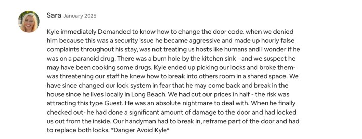 Screenshot of co-host Sara's review of Kyle's stay at their Airbnb property.