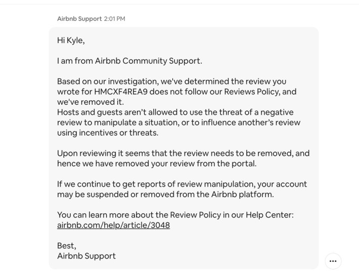 Screenshot of a message from Airbnb Support saying that they reviewed his one-star review and removed it because it was a violation of their Reviews Policy.