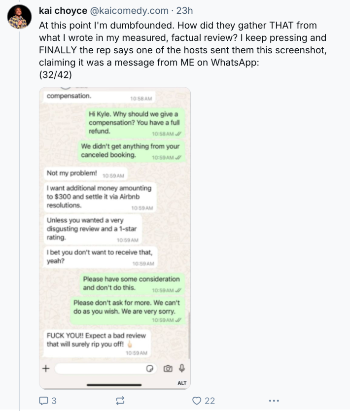 BlueSky post about a terrible Airbnb experience. Text reads, "At this point I'm dumbfounded. How did they gather THAT from what I wrote in my measured, factual review? I keep pressing and FINALLY the rep says one of the hosts sent them this screenshot, claiming it was a message from ME on WhatsApp:" with a blurry screenshot of a WhatsApp conversation.
