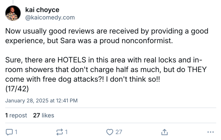 BlueSky post about a terrible Airbnb experience. Text reads, "Now usually good reviews are received by providing a good experience, but Sara was a proud nonconformist. Sure, there are HOTELS in this area with real locks and in-room showers that don't charge half as much, but do THEY come with free dog attacks?! I don't think so!!"