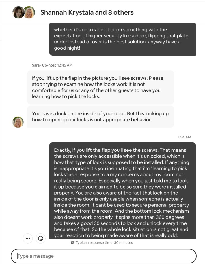 Screenshot of a conversation with the Airbnb hosts, with OP showing them how the door lock should have been installed correctly. They accuse him of trying to figure out how to break into locked doors in their Airbnb.