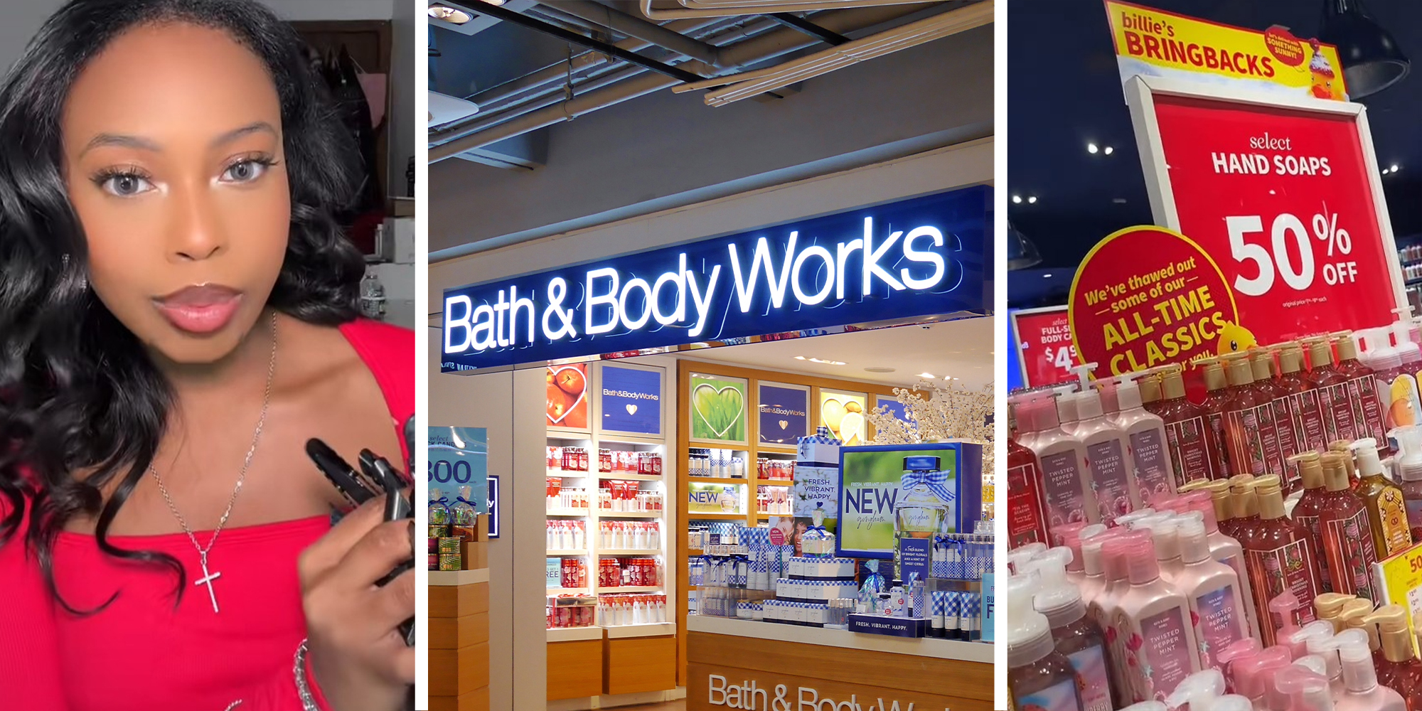 Woman shares bath and body store experience(l) Bath and Body Works Store Front(c) Bath and Body Store discount sign(r)