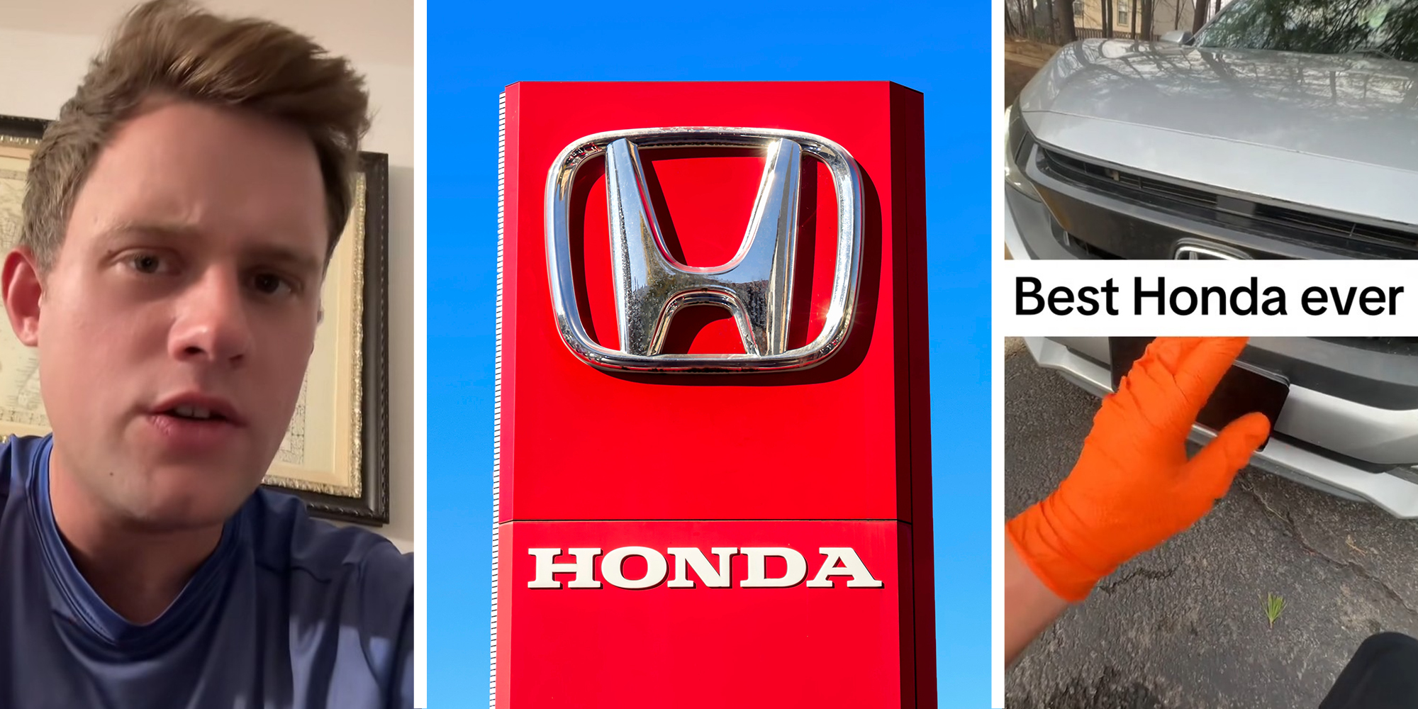 man shares whats the best honda(l) Honda Dealer Sign(c) Silver Honda(r)