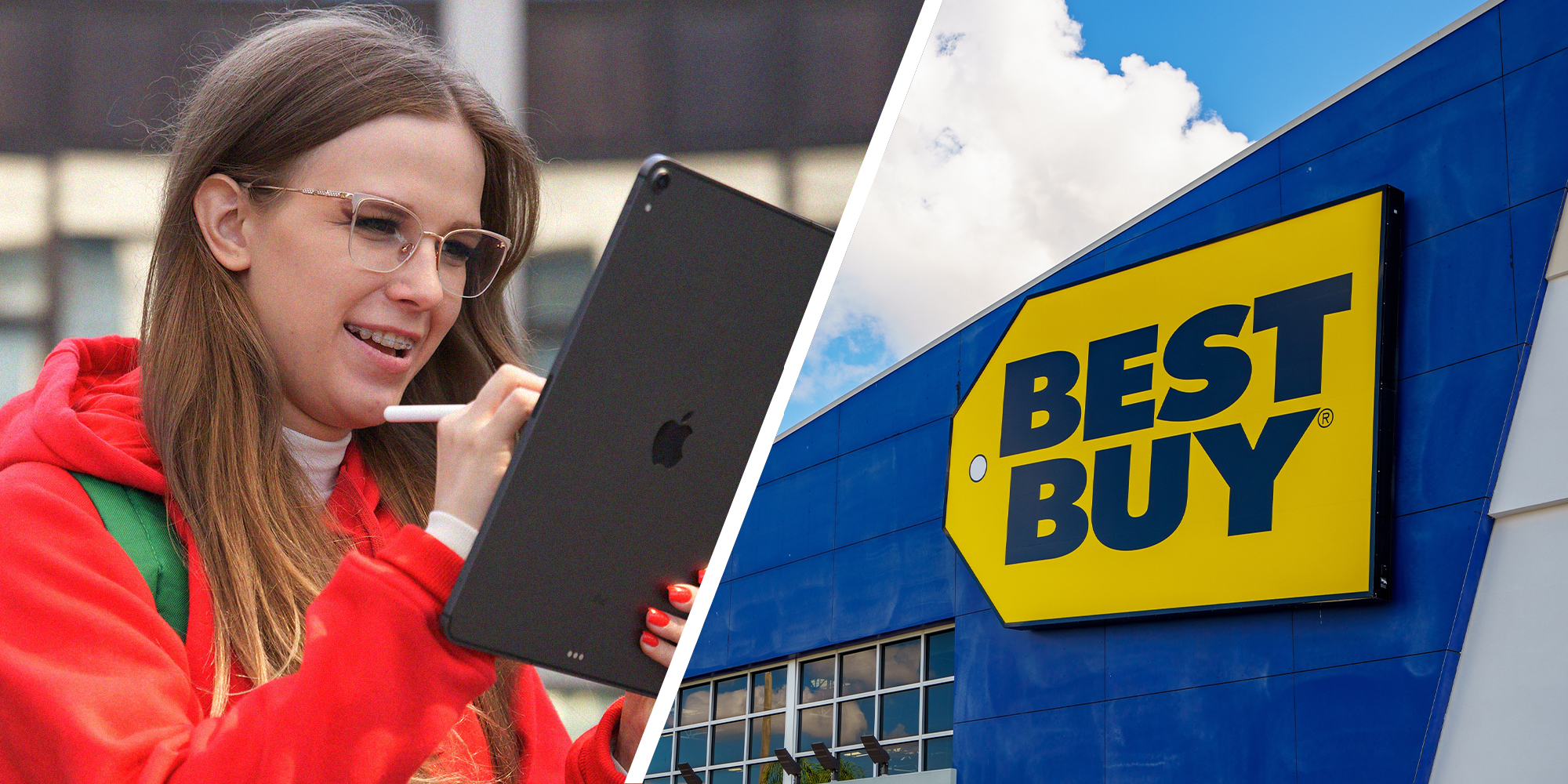 Woman holding up ipad(l) BestBuy Store Front(r)