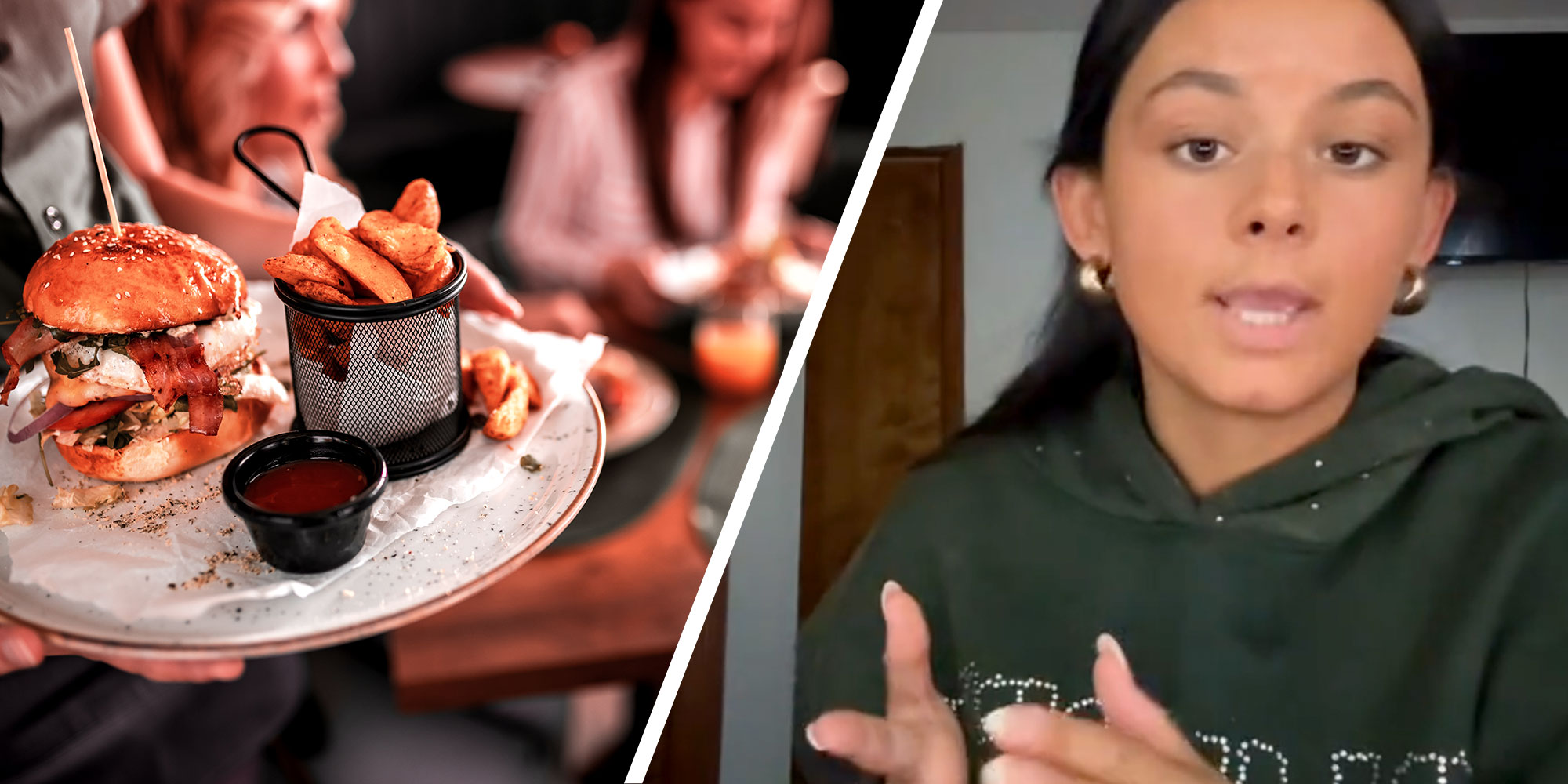 A photo of a waiter holding a plate with a burger and fries next to a screenshot of @madimccambleyy from their Tiktok.