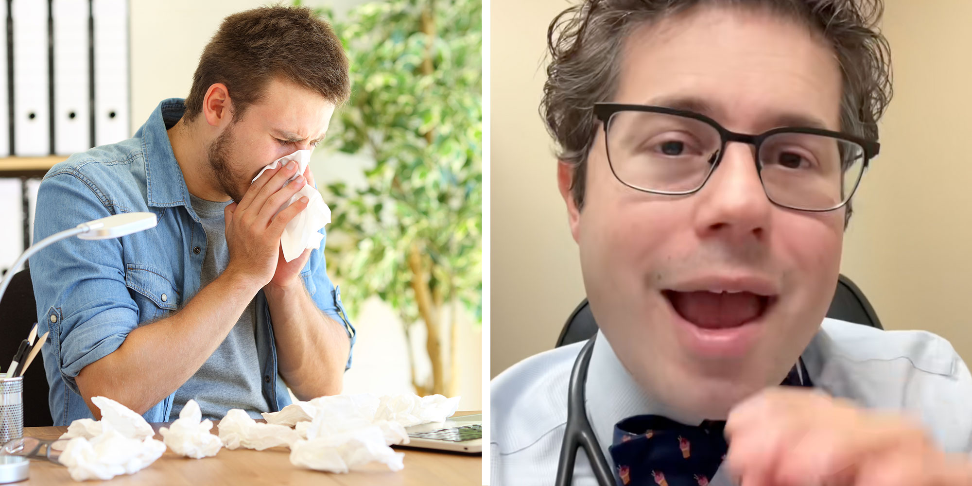 Side by side photos of a man blowing his nose at a desk and a screenshot from @rubin_allergy's Tiktok.