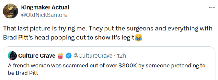 Tweet reading "That last picture is frying me. They put the surgeons and everything with Brad Pitt's head popping out to show it's legit."