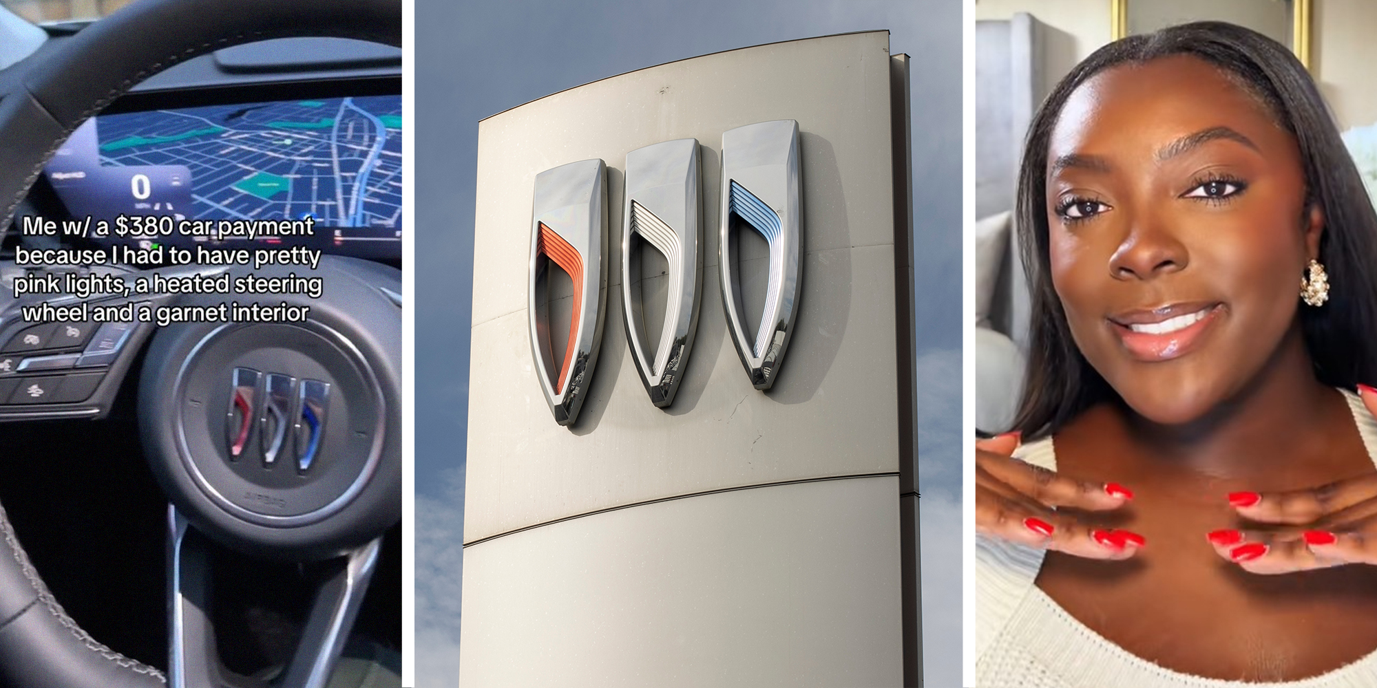 Buick Steering Wheel(l) Buick Dealer Sign(c) Woman smiling showing off her nails(r)