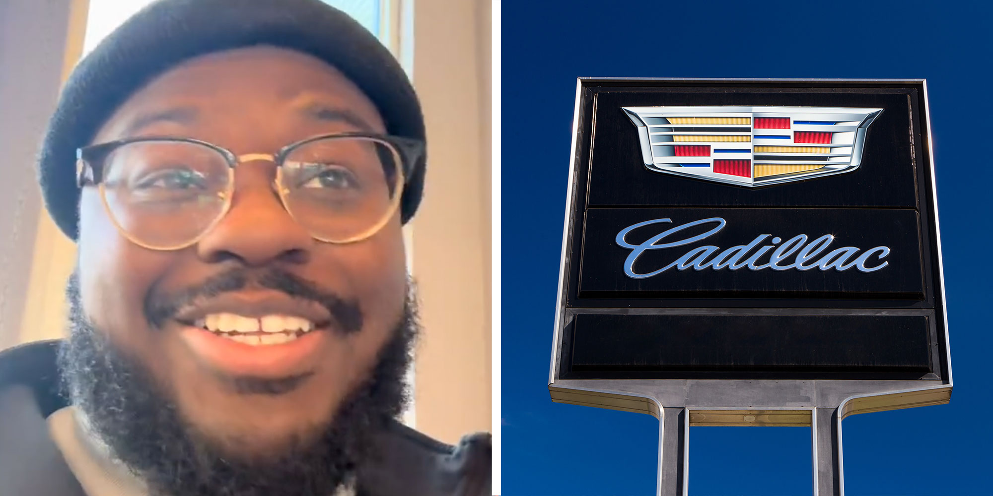 Two panel design with a man looking at the camera while talking, next to an image of a Cadillac sign