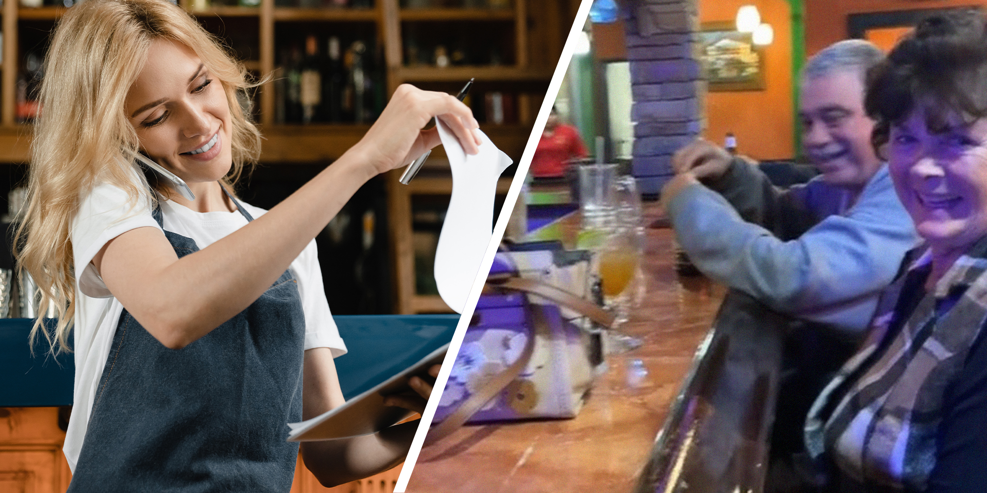 woman taking a call while checking notepad(l) Couple smiling while at a restaurant(r)