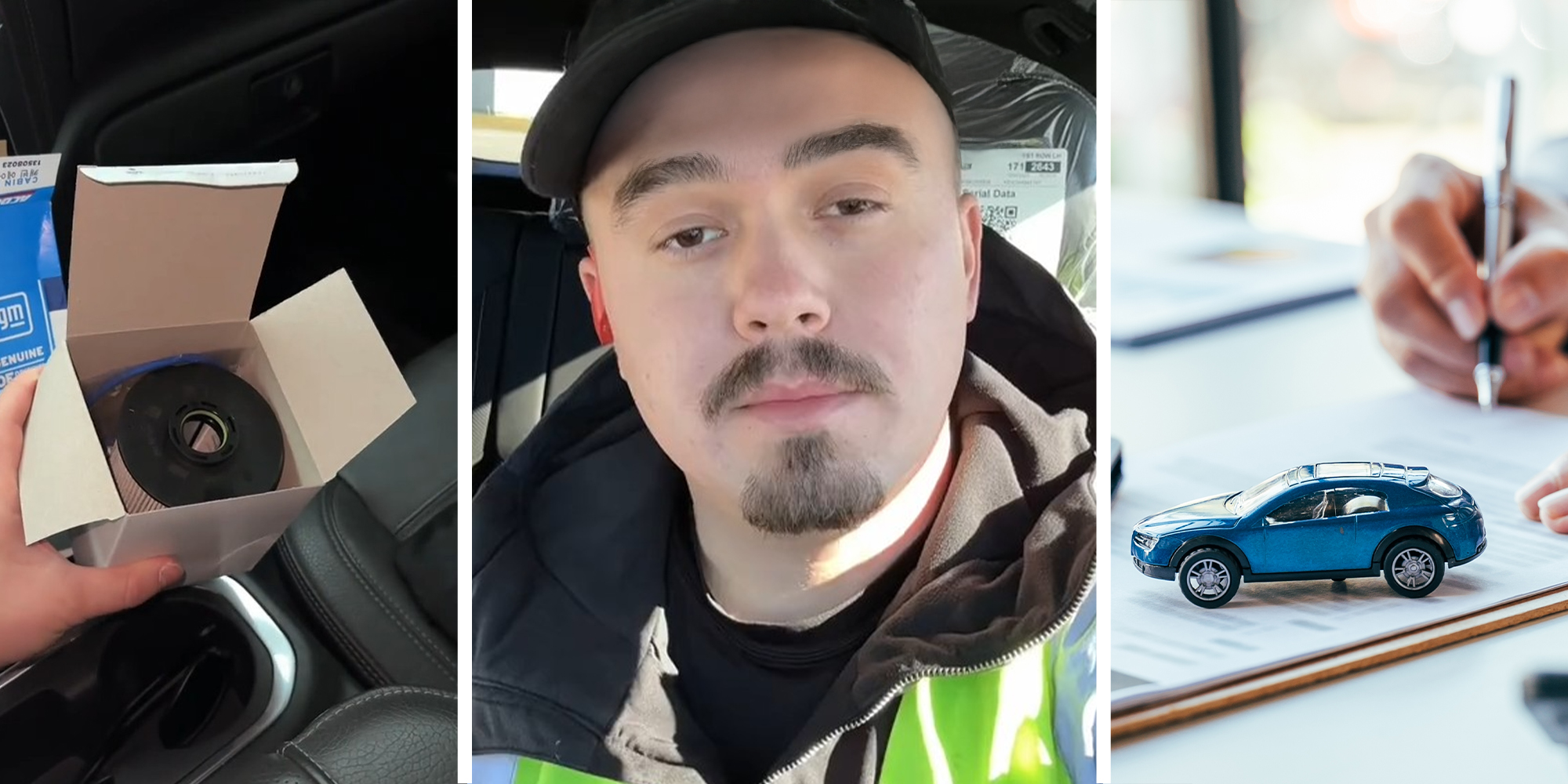 holding diesel filter(l) Man sharing tips to get a better deal with dealerships(c) Person signing documents with toy vehicle on display(r)