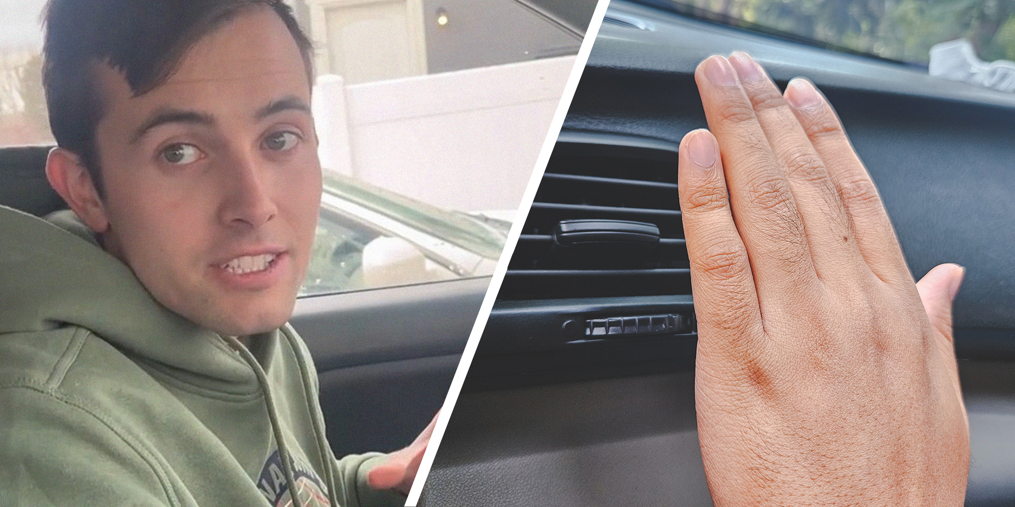 man shares how to properly use vehicle heat feature(l) Hand placed above car vent(r)