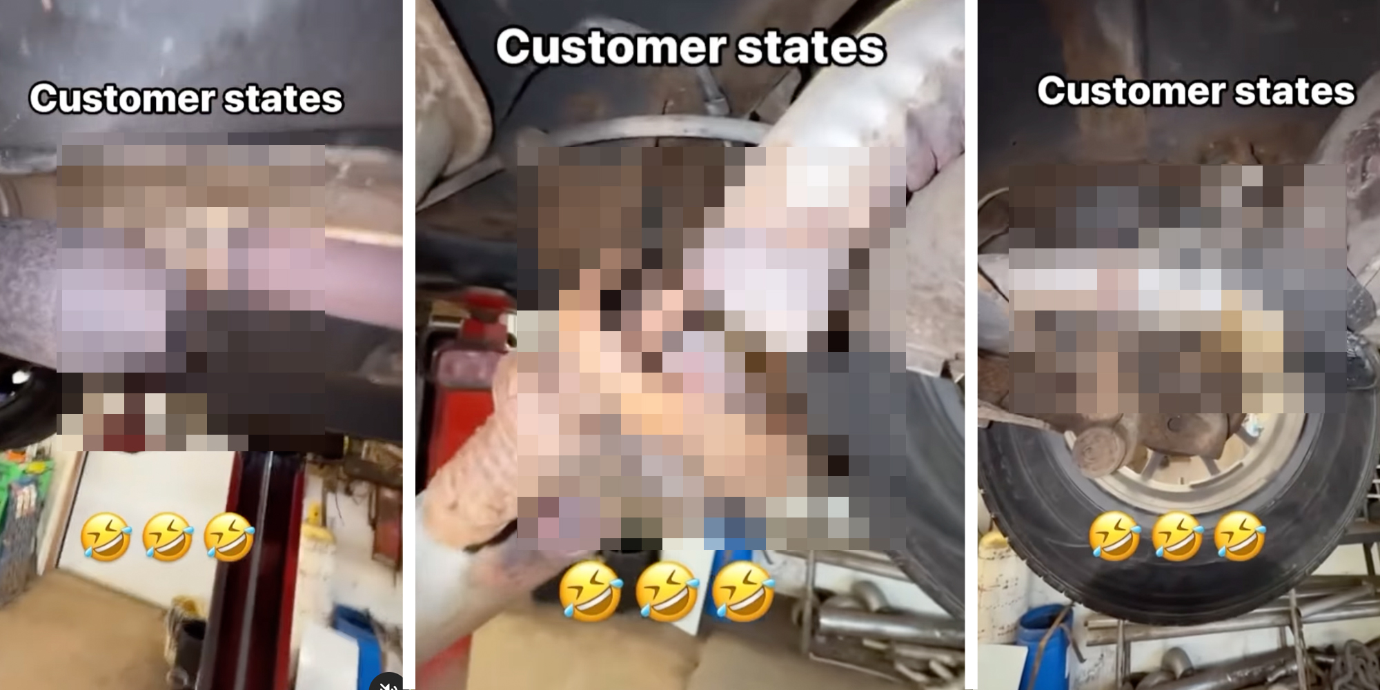 Three censored images of the underside of a car