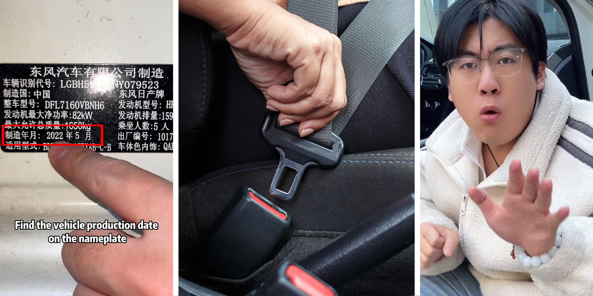 Finger Pointing at car sticker(l) Person clipping on Seatbelt(c) Man holding up hand looking shocked(r)