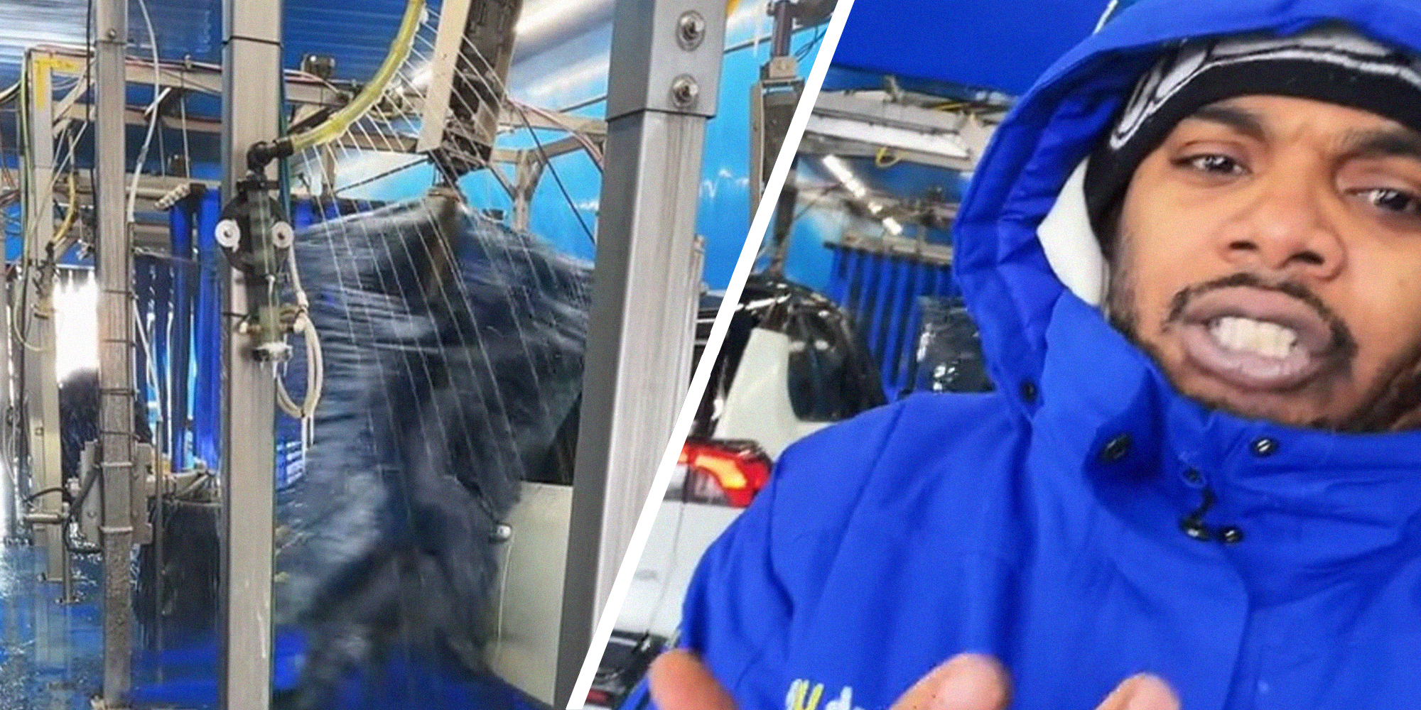 car wash machine cleaning vehicle(l) Man shares issues with car washes during cold weather(l)