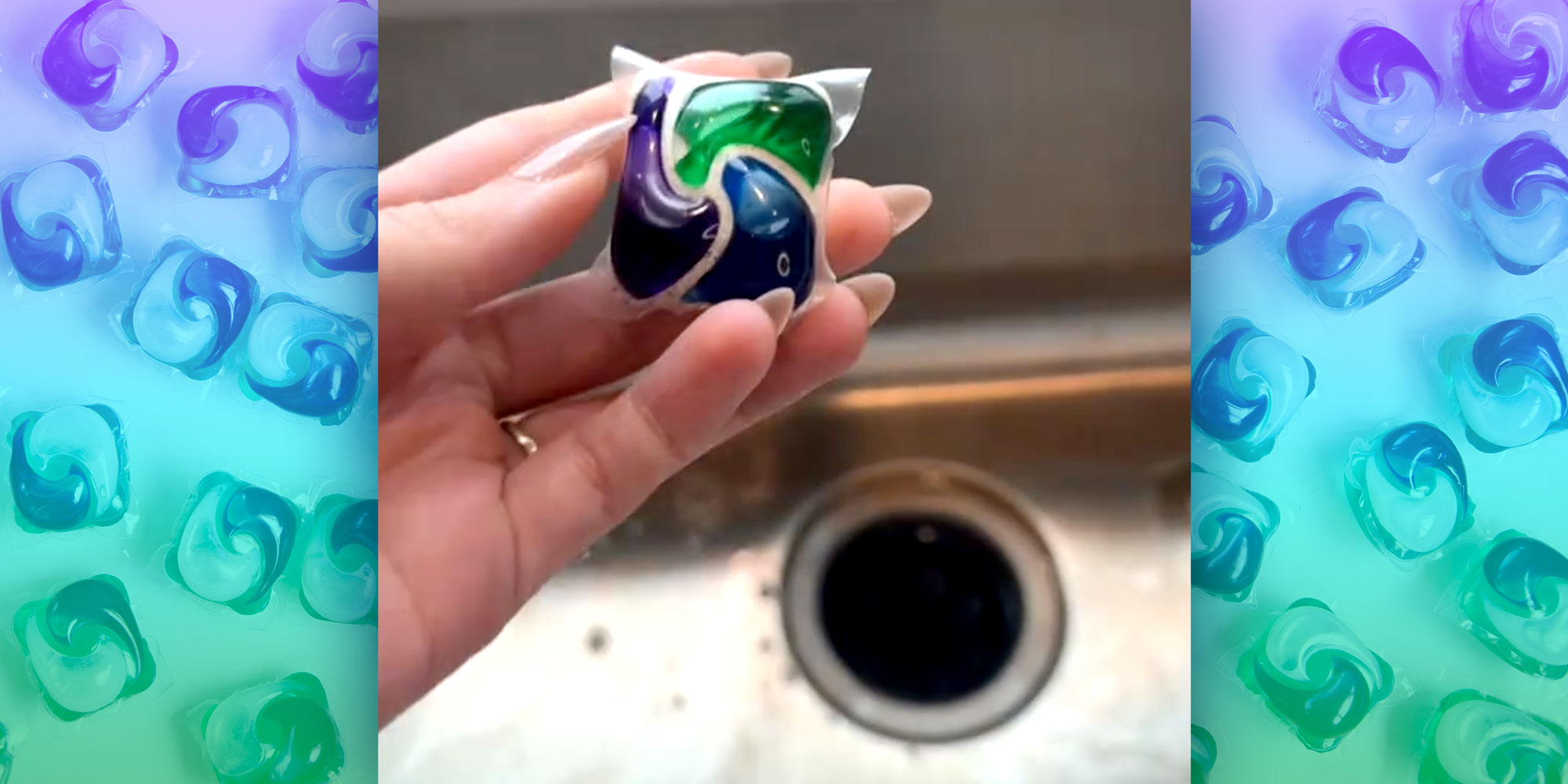Photo of a hand holding a Cascade Dishwasher Pod against a pattern background of dishwasher pods.