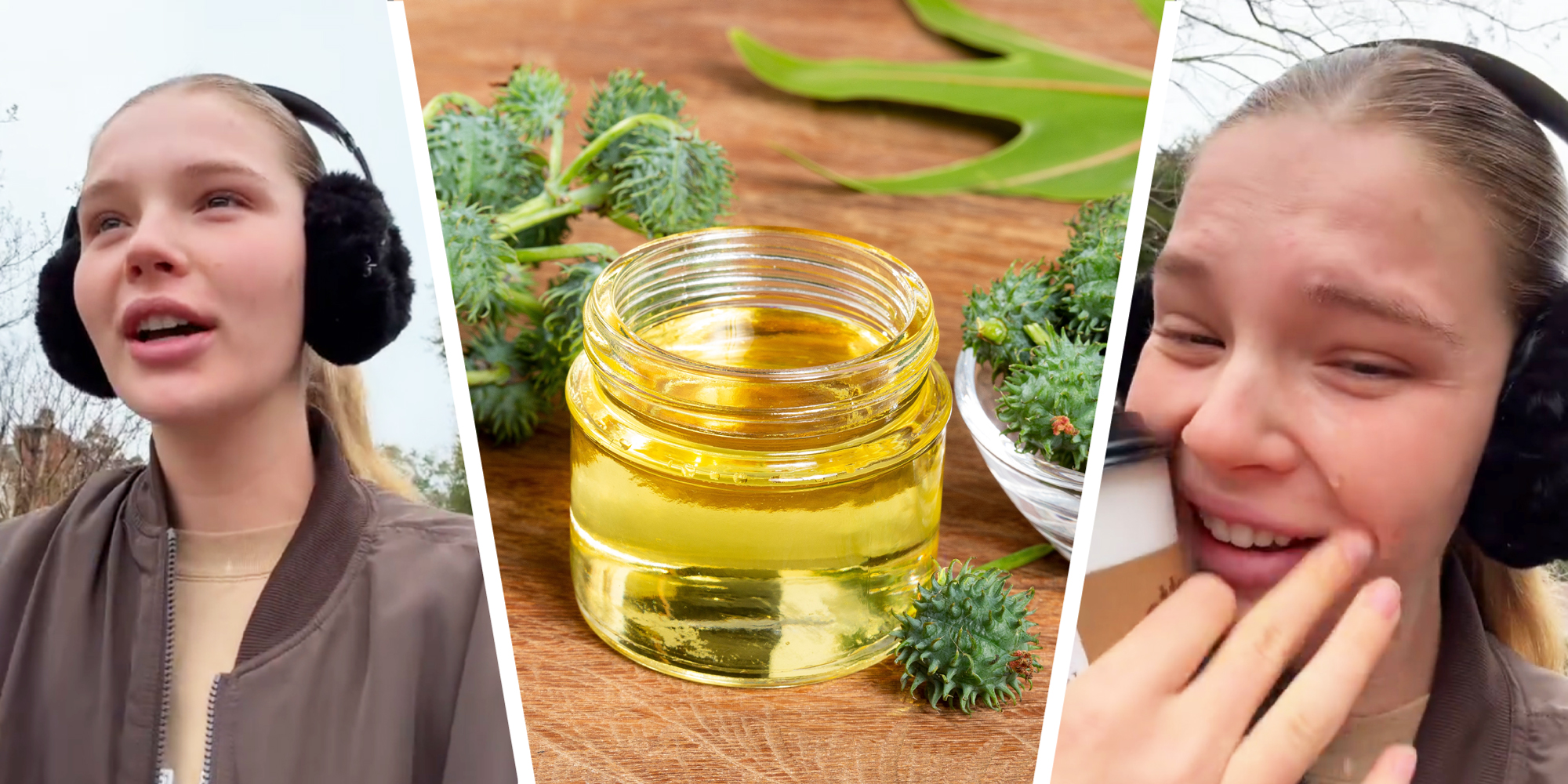 3 panel image- in the middle is a jar of castor oil, on the sides a person walks outside and explains.