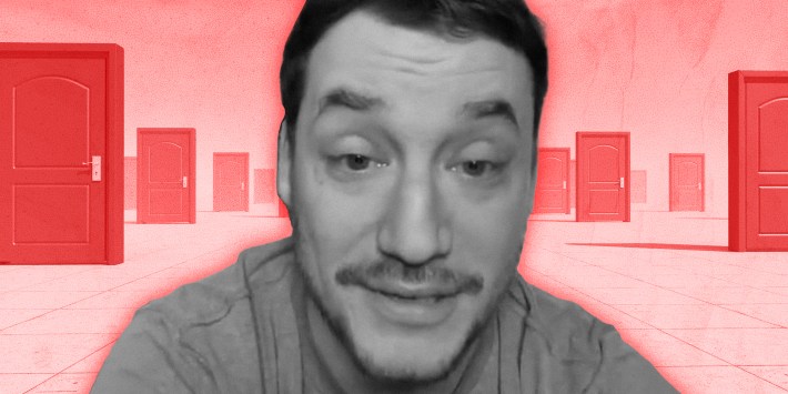 Man with background of red closed doors(l)