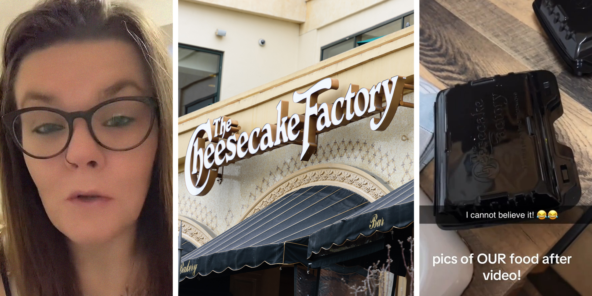 woman shares what she took home from the cheesecake factory(l) Cheesecake Factory store front(c) Cheesecake factory containers(r)