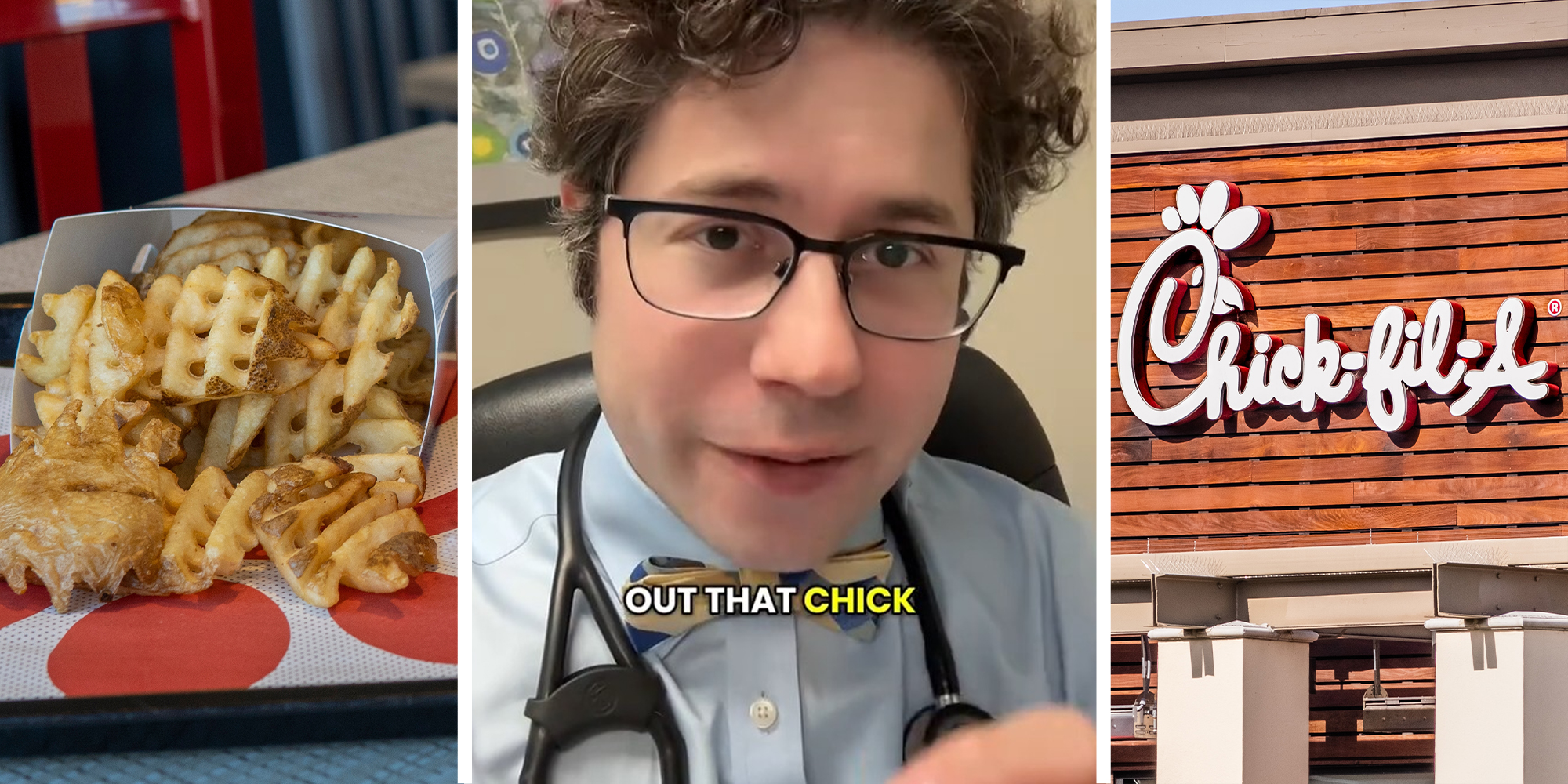 Chick Fil A Fries(l) Man shares changes in Chick Fil A Fries(c) Chick Fil A restaurant Front(r)