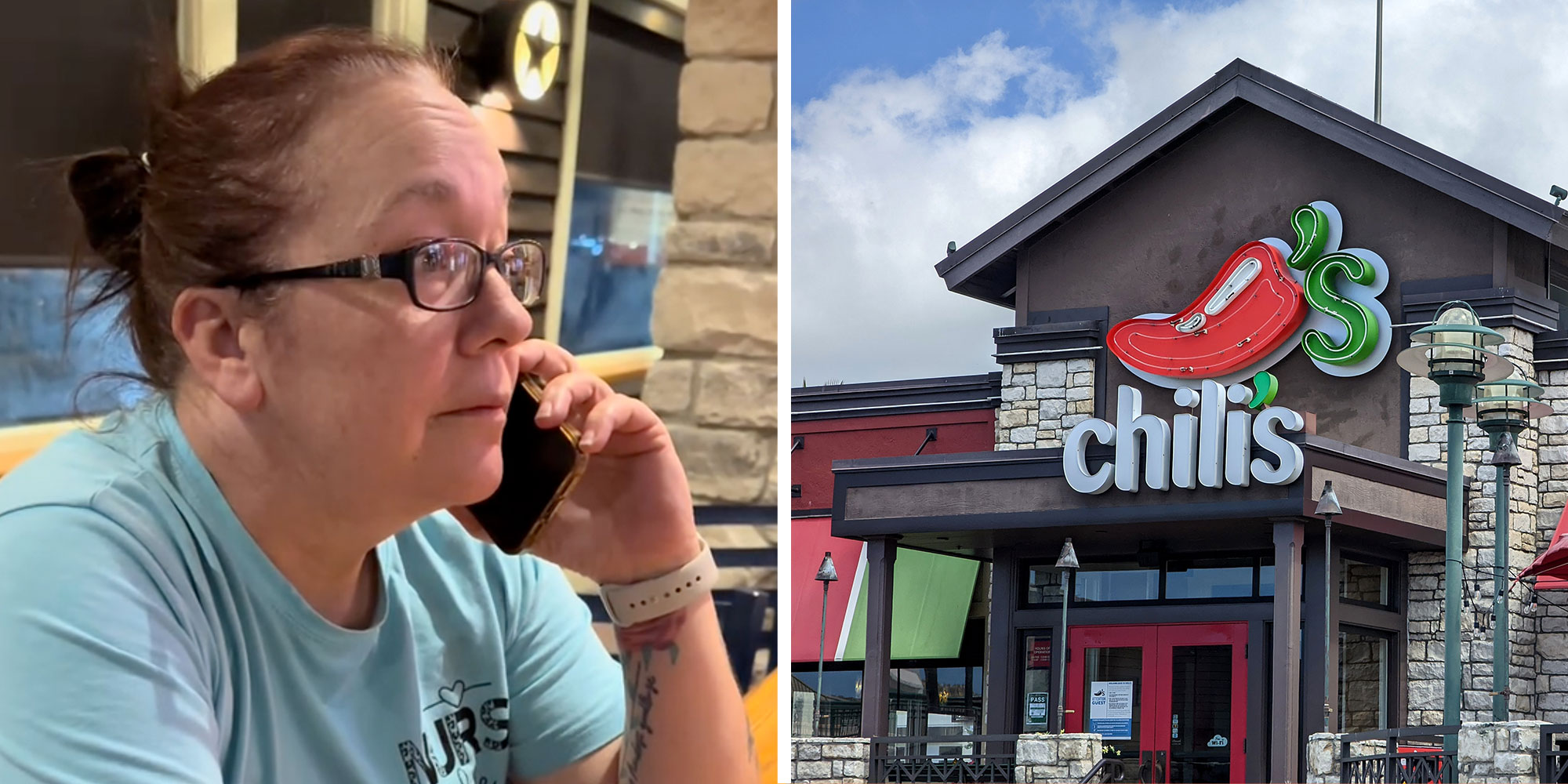 Screenshot from user @blacknwhites33's Tiktok next to a photo of a Chili's exterior.