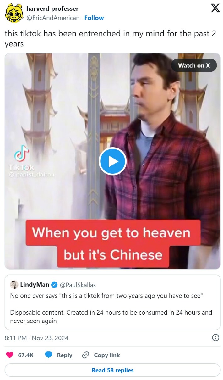 chinese heaven tiktok with tweet that reads "this tiktok has been entrenched in my mind for the past 2 years"