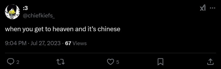 "when you get to heaven and it's chinese" tweet