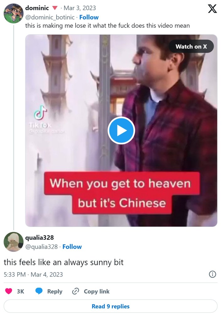"this is making me lose it what the fuck does this video mean" chinese heaven meme tweet